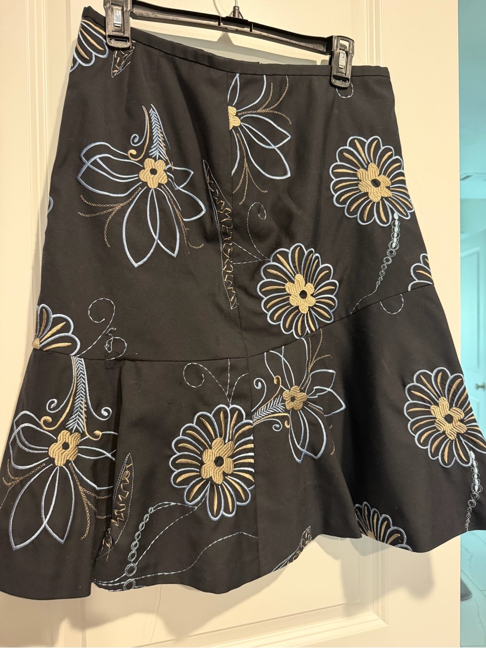 LOFT Black Skirt with Blue and Gold Floral Embroidery